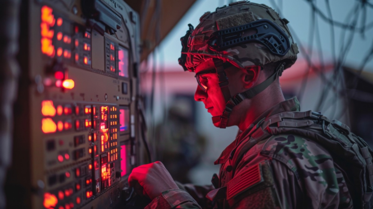 A service member operating a field communications panel during an exercise.