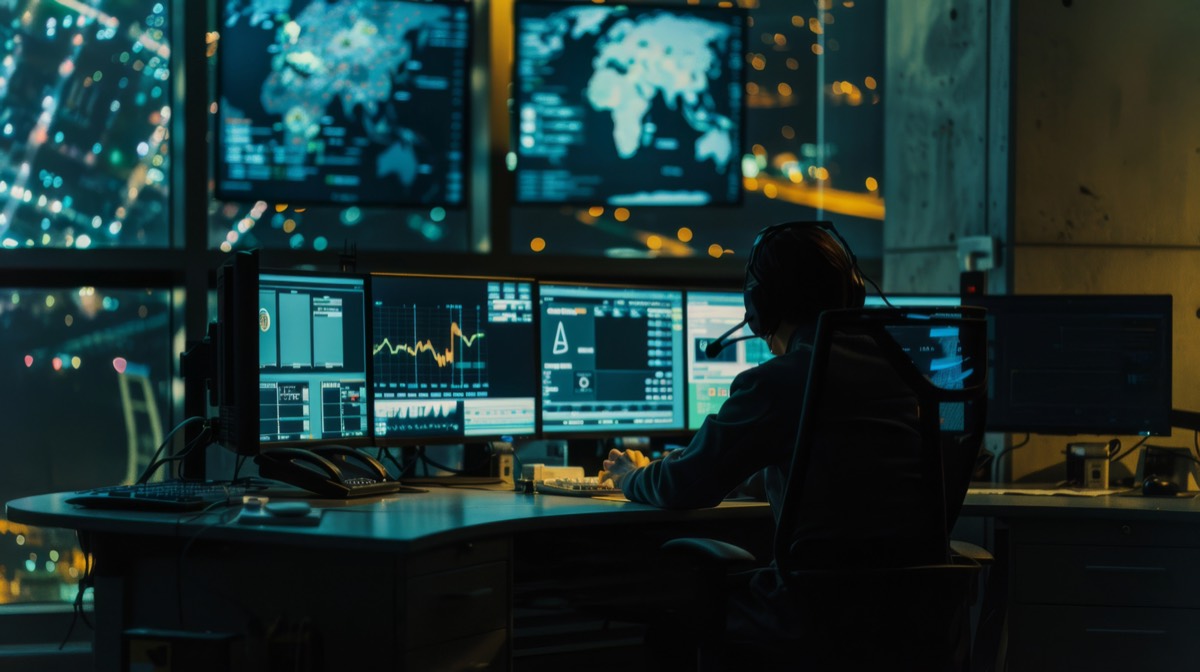 An operator monitoring global system dashboards in a darkened operations center.